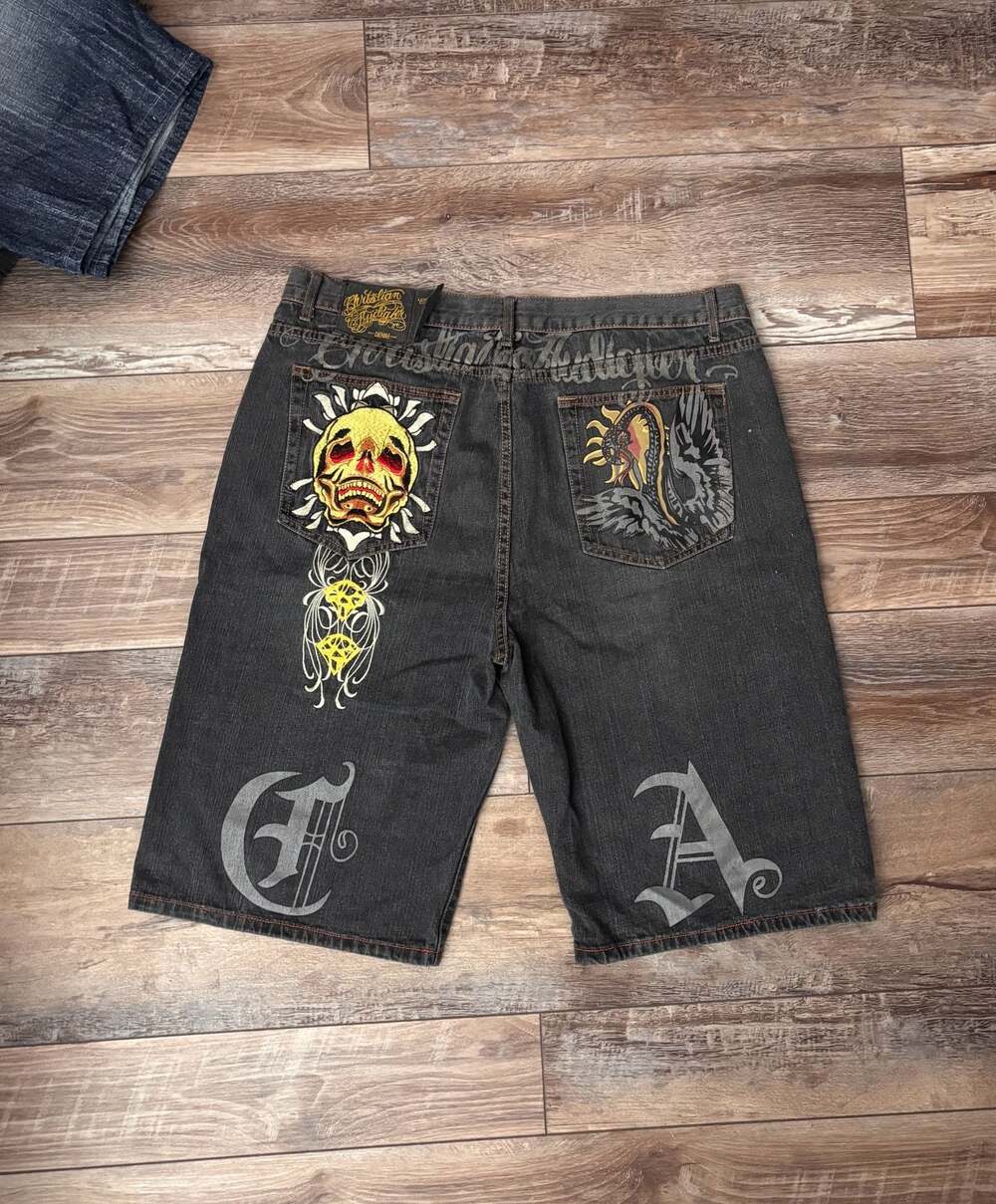 Christian Audigier Men's Black Denim Embroidered Graphic Jorts Shorts